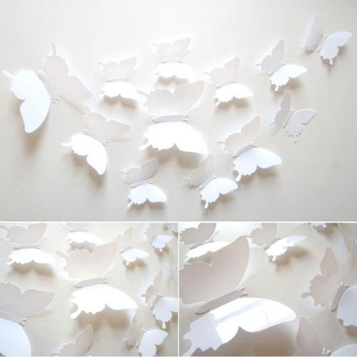 (12 шт) Комплект бабочек 3D  на скотче  , БЕЛЫЕ однотонные 